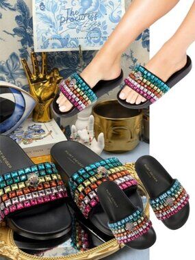 🆕 KURT GEIGER LONDON 🧿 NWOB Meena Eagle Jewel Sandal, Black Rainbow, Sz 39 8.5